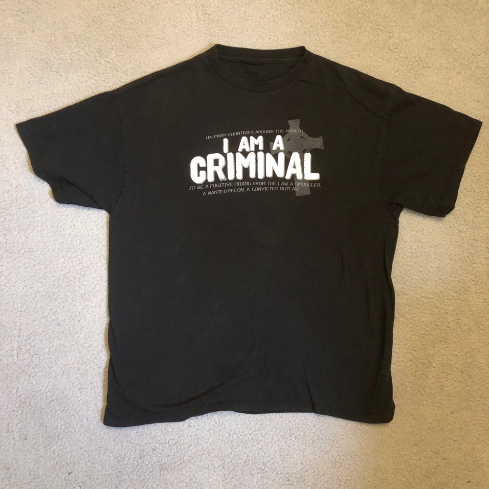 Vtg I Am A Criminal Religious Graphic T-Shirt Black XL Jesus Tee Bible Verse